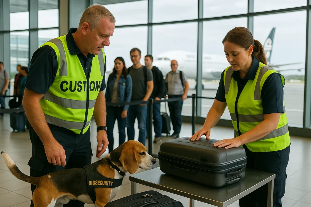New Zealand biosecurity officers and sniffer dog inspecting luggage
