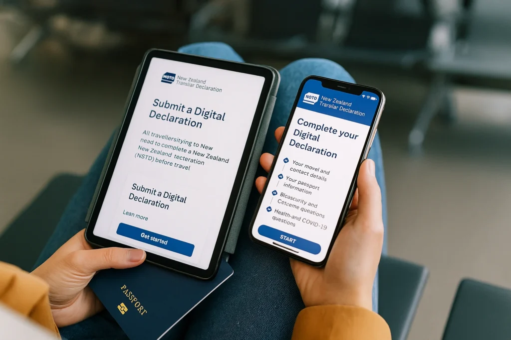 Traveller completing New Zealand declaration on smartphone 